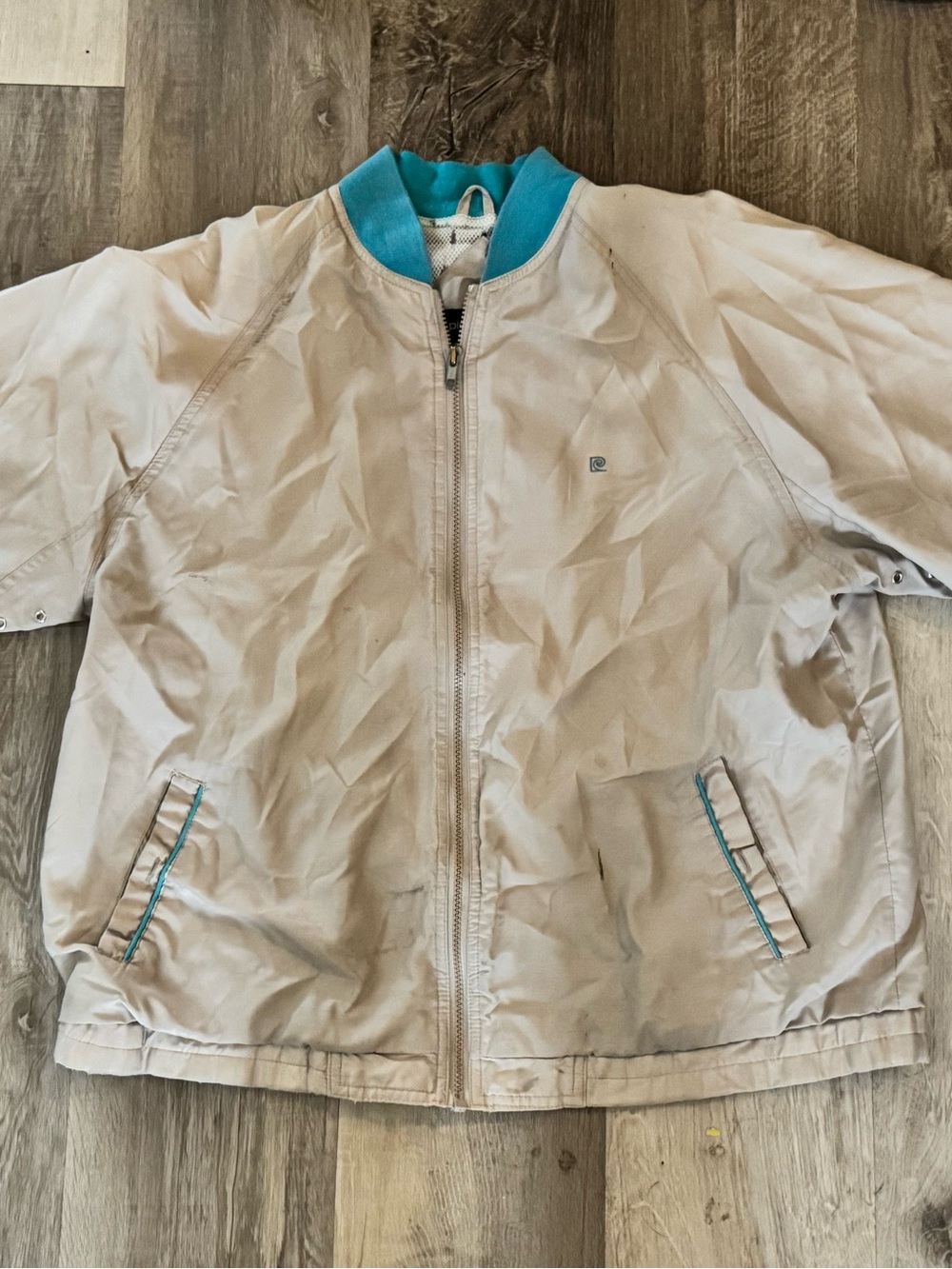 Vintage Pierre Cardin Cream Bomber Jacket with Teal Trim